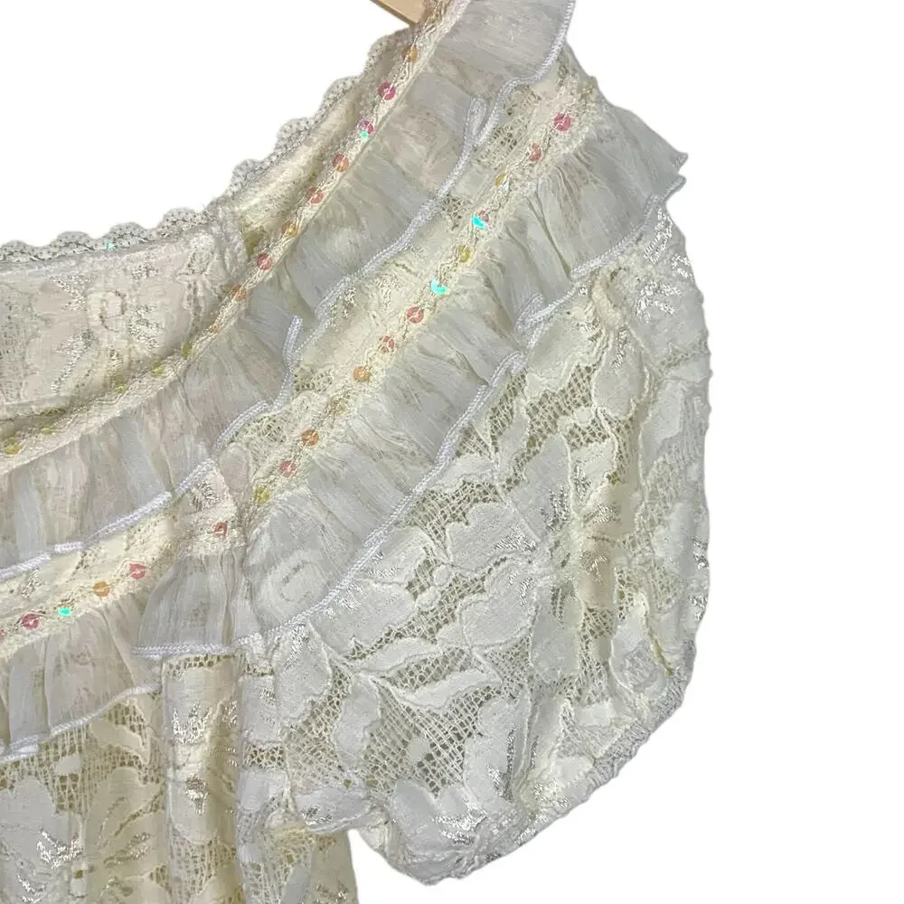 AMERICAN RAG Women L Ivory Floral Lace Sequin Trim Peasant Smocked Top - Picture 8 of 10